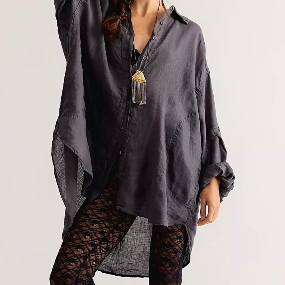 We The Free Free People Black Button Down Shirt Oversized Gauze Top Large
